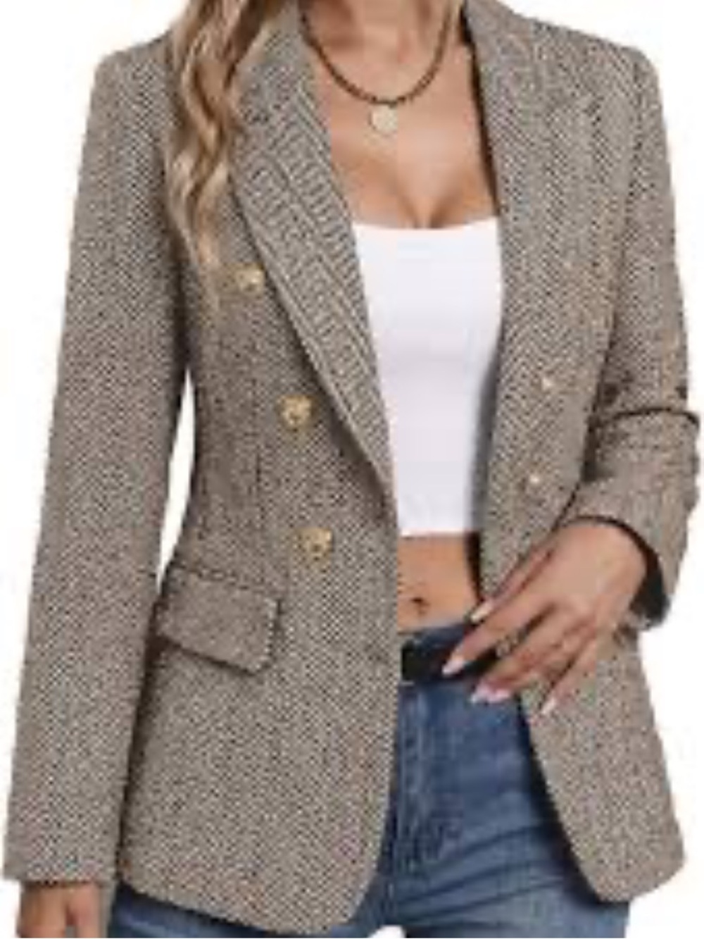 Mina Self Blazer Womens L Brown Herringbone Double Breasted Lined Gold Buttons